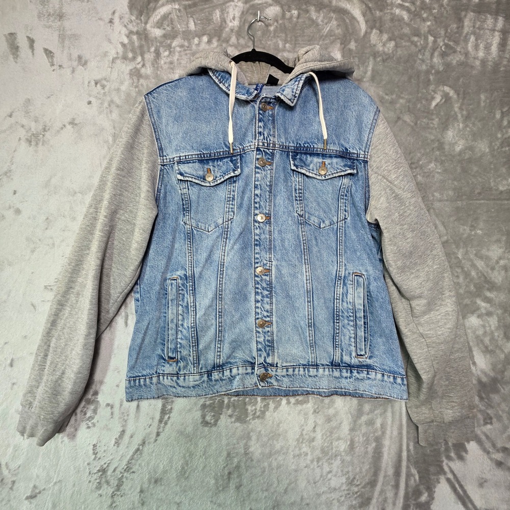 HM Divided Mens XL Denim Jacket Grey Hoodie Sleeves Mixed Media Light Wash